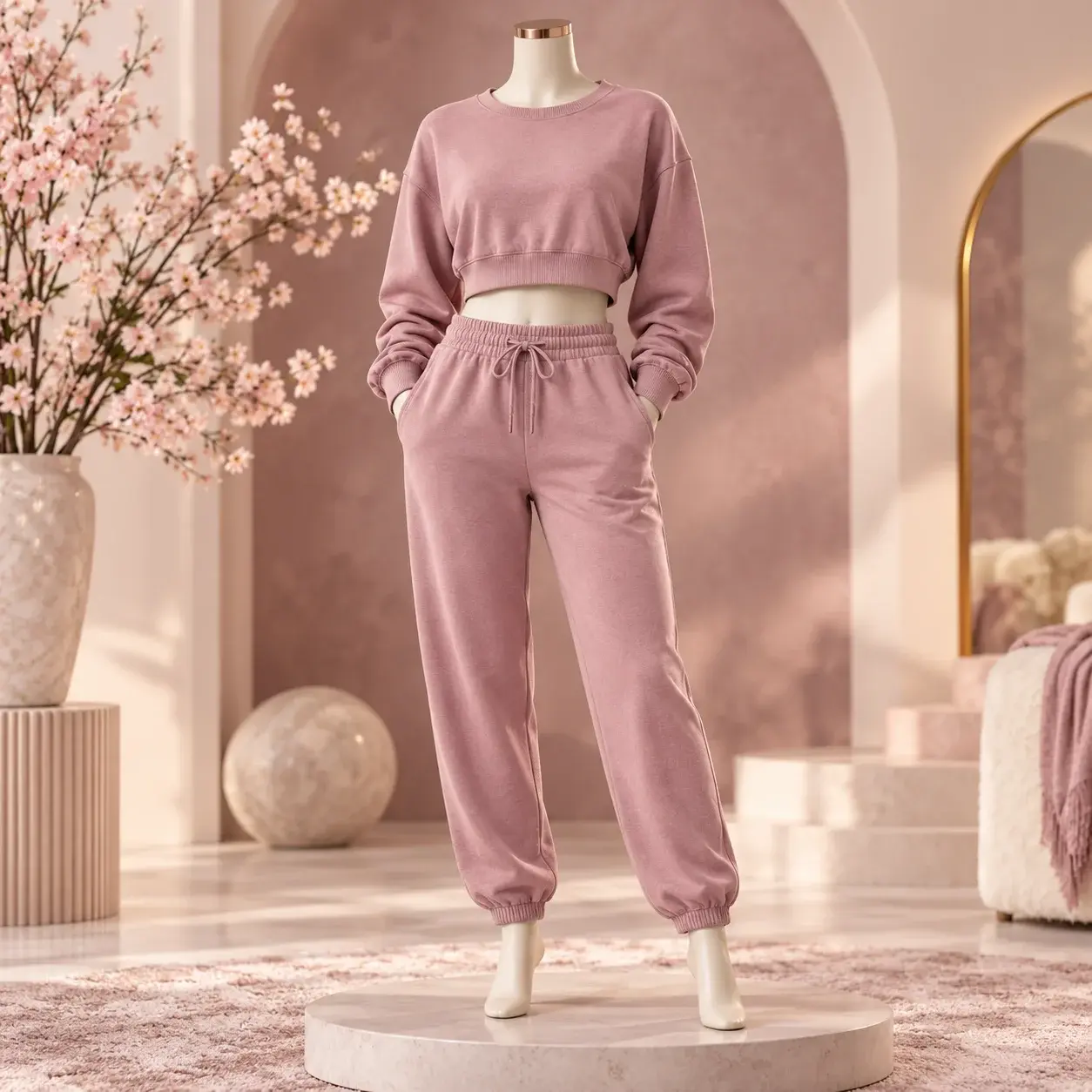 Dusty pink women's cropped crewneck sweatshirt and matching high-waisted jogger sweatpants displayed on a female-form mannequin in an elegant pastel pink studio setting.